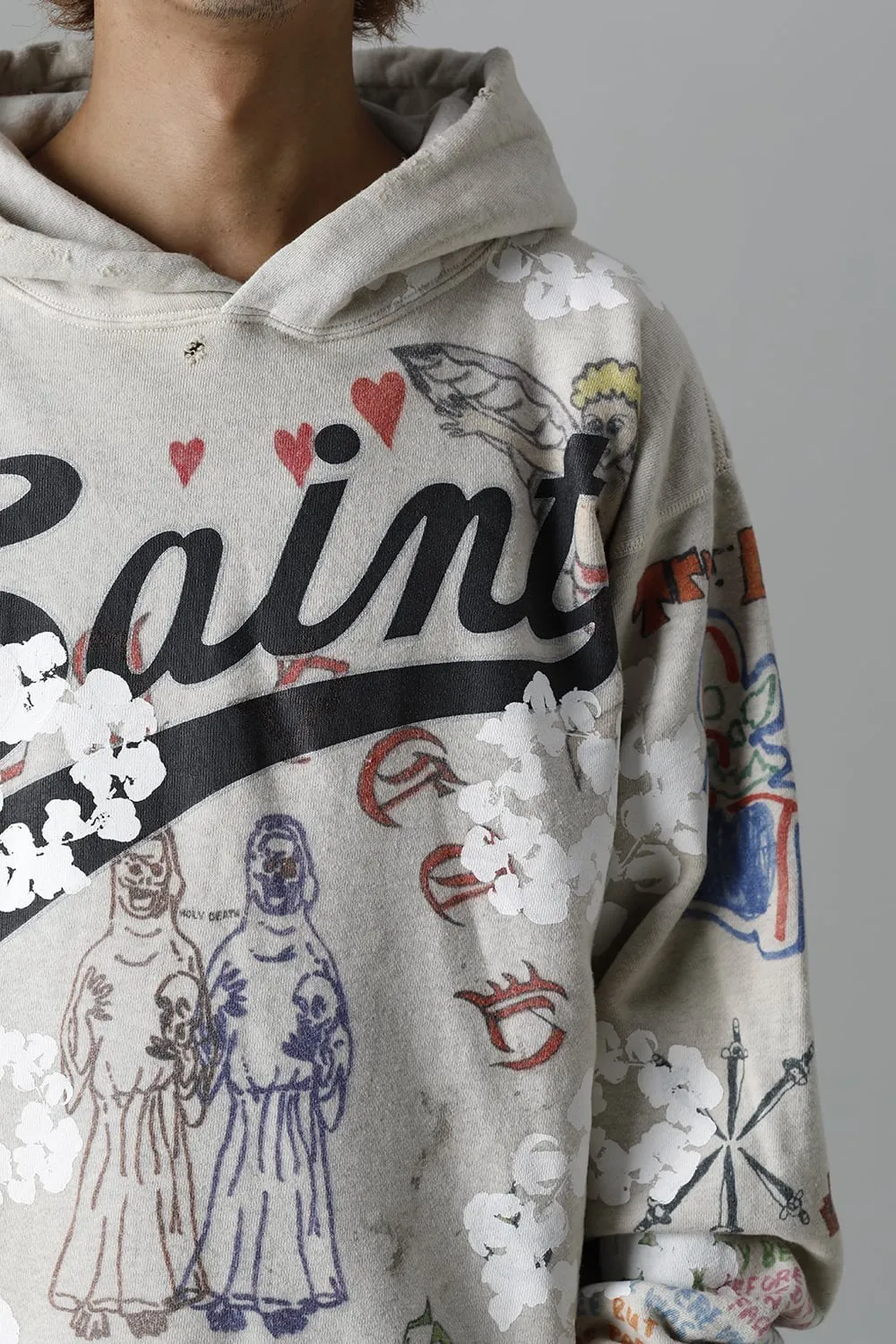 DENIM TEARS × ©SAINT M×××××× "SAINT TEARS" Graffiti Hoodie Joint Model Cotton Graffiti Hoodie Fully Printed Washed Distressed Holes Vintage Sweatshirt Gray S-XL Super Heavy Duty! The whole piece is printed with 35 screens and counterpoint printing!